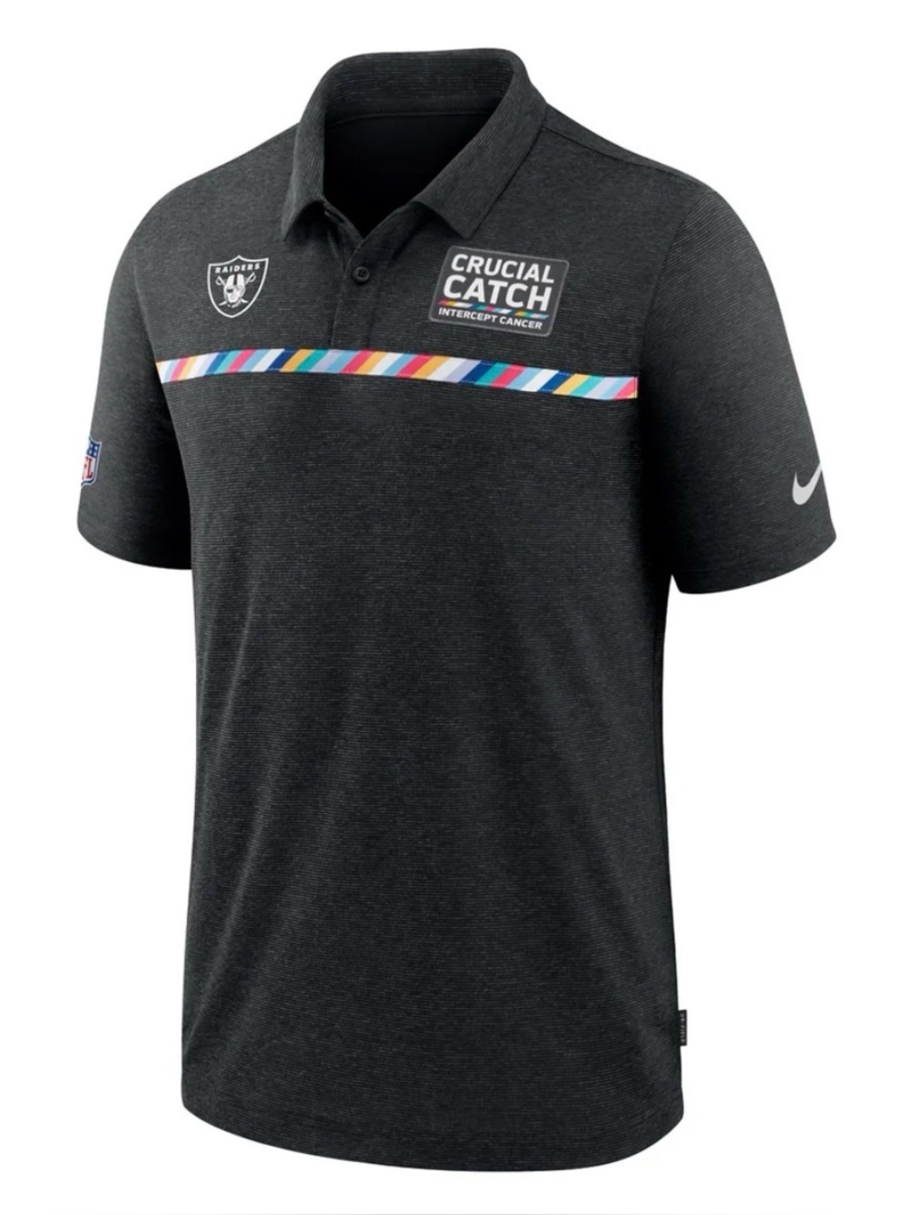 NFL Raiders Men's Black Striped Crucial Catch Polo with Multicolor Accent